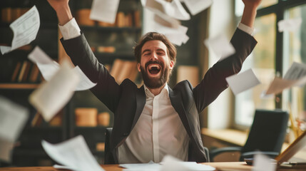 male happy successful employee wears a classic formal suit throw away paper bills