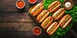 Delectable Hot Dogs Ready To Spice Up Your Super Bowl Experience. Сoncept Super Bowl Snacks, Delicious Wings, Cheesy Nachos, Spicy Chili, Loaded Dips, Sweet Treats