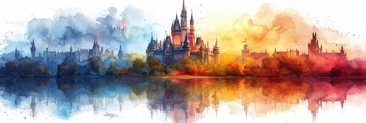 Wall Mural - An illustration of a medieval castle by the river, surrounded by a picturesque landscape, radiating historic charm.