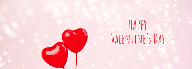 Wall Mural - Happy Valentine's Day greeting card - Two red ballon hearts with bokeh lights - love background banner, panorama 