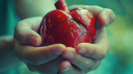 Wall Mural - close-up, hands holding a red heart with veins, anatomy of a human organ