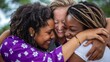 © Mrs__DoubleF - A group of four young women in purple and white top hugging each other in real friendship hug on day time
