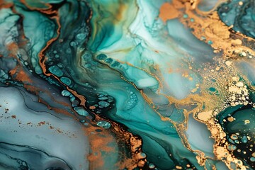Wall Mural - The liquid flowing texture has a blue-green hue with golden streaks and particles that give it a shimmering, almost metallic appearance.