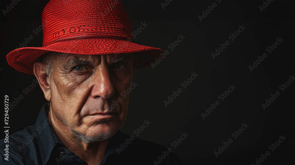Cheerful confident senior man in a stylish red hat on a black background, studio. Elderly man in a red hat on a black background.