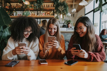 Wall Mural - happy group of girl friends using cellphones at a coffee shop, social network addiction