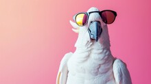 Closeup Of White Cockatoo Parrot Wearing Sunglasses. Domestic Pet Bird, Animal. Solid Pink Pastel Background. Tropical Summer Vacation Concept, Web Banner. Funny Birthday Party Card, Invitation