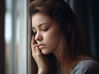 Depressed young woman near window at home closeup