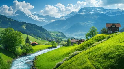 Wall Mural - Beautiful Alps landscape with village, green fields, mountain river at sunny day. Swiss mountains at the background