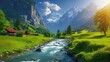 © Jennifer - Beautiful Alps landscape with village, green fields, mountain river at sunny day. Swiss mountains at the background
