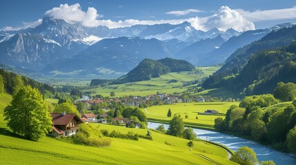 Wall Mural - Beautiful Alps landscape with village, green fields, mountain river at sunny day. Swiss mountains at the background