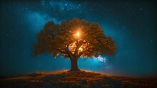 4k Big Beautiful Tree Against The African Night Sky With The Milky Way Rising. Galaxy Sparkling In The Night. Colorful Landscape
