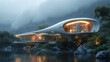 A futuristic, cantilevered structure overlooking a valley, its metallic sheen complemented by strategically placed LED lights that illuminate the house at night. 