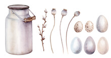 Set Of Watercolor Illustrations Of Dry Poppy Seed Boxes And Botanical Flower Grass In Beige For Easter Designs. Metal Can And Chicken And Quail Eggs Shell. Willow Branch On Isolated, White Background