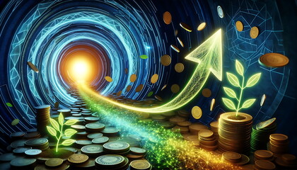 A concept finance with coin and arrow, Financial success concept