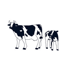 Black and white cow and calf illustration. Transparent background.