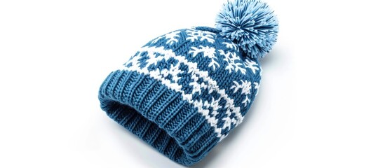 Canvas Print - Winter beanie with snowflakes pattern and pompom, isolated on white background.