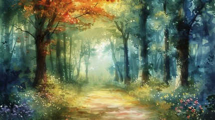 Enchanting wild forest path with watercolor effect. Wall art wallpaper