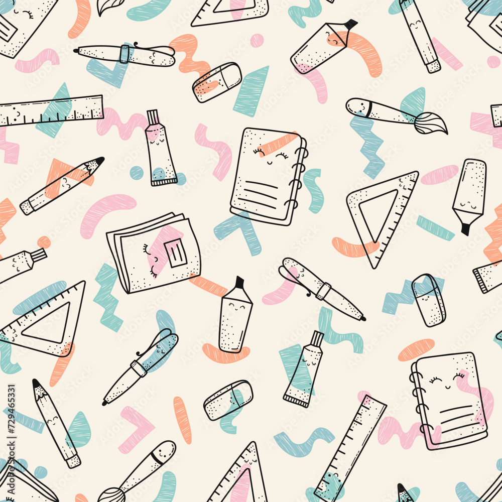 Cute hand drawn back to school seamless pattern, lovely school supplies ...