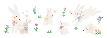 Cute Bunny Collection With Flowers. Spring Cartoon Rabbits, Mom And Baby. Happy Easter Print