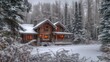 Rustic finish-style log house. Pines in snow.