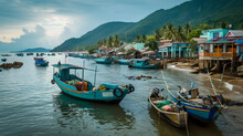 A Small Colorful Fishing Village With Boats Moored Along The Waterfront Fishermen Mending Nets And Unloading The Days Catch.