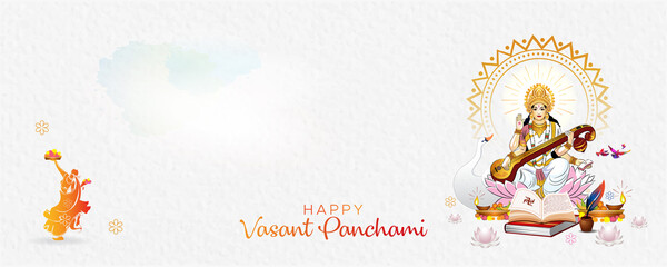 Website Banner design for Vasant Panchami or Indian goddess Saraswati Puja festival and celebration background.