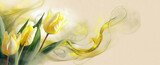Fototapeta Tulipany - Tapeta w kwiaty, żółte tulipany na jasnym tle, miejsce na tekst