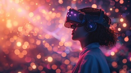 Wall Mural - VR glasses. A woman in a futuristic LED-lit VR headset is bathed in the glow of vibrant neon bokeh lights, suggesting an advanced virtual experience. Generative AI