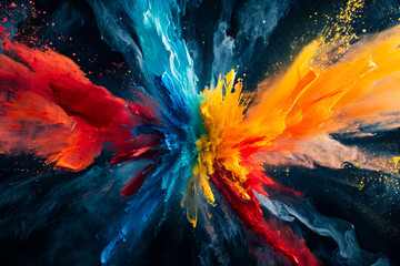 Poster - Colorful painting in red blue and yellow splashes of paint is shown with white background.