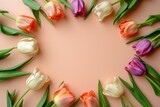 Fototapeta Tulipany - Flowers composition. Frame made of tulips on peach background, wedding background, women day background, mother day background