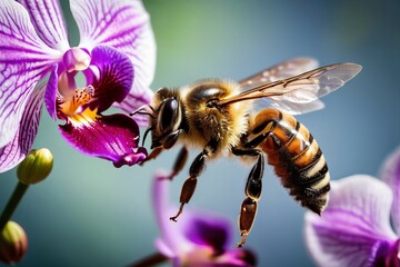 Close up of a honey bee with pollen on its legs flying toward a purple orchid flower in bloom to collect more nectar.