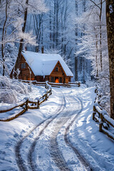 Sticker - Cabin in the woods is surrounded by snow and wooden fence.