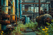 Old abandoned factory with pipes and tanks sitting in grassy field.