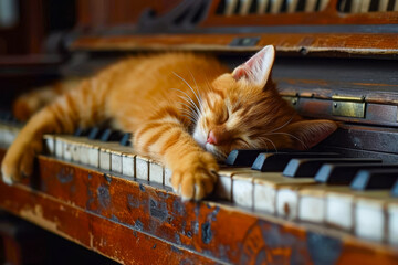 Sticker - Cat is sleeping on piano with its head resting on key.