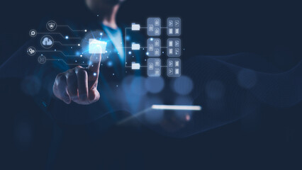 Poster - DMS Document Management System concept, Online file sharing and transfer, Cloud computing technology, Data storage. Businessman using a tablet and touching folder icon to manage electronic documents.