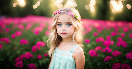 Cute little girl. Pretty kid girl face. Portrait of adorable child. Spring for children. Kid smiles and enjoys summer. Funny kid face. Outdoor portrait of a smiling little kid girl.