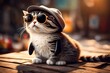 small furry very cute kitten with googles wearing on it very cute smile and vey fury in white color abstract background 
