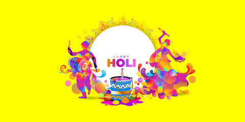 Sticker - Indian traditional holi celebration background. Holi festival fun party dance banner poster template design with splash of colorful gulal background and pot.