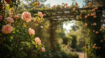 Canvas Print - climbing roses on a trellis. Utilize dynamic lighting to highlight the interplay of light and shadow on the climbing vines