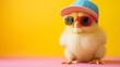 cute young fluffy Easter chick baby with cap and sunglasses