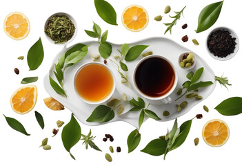 Creative layout made of cup of tea green tea black tea fruit and herbal tea on white background Flat