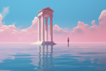 Poster - Surreal vaporwave landscape with abstract architecture elements on the water. Dreamy landscape