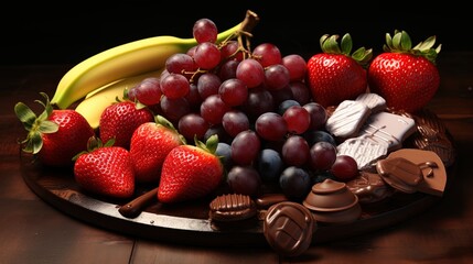 Wall Mural - Chocolate fruit palette: strawberries, banana and grapes