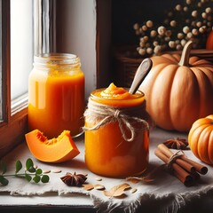 Wall Mural - conceptual photo pumpkin jam jar, photo composed of pumpkins on a counter near the window