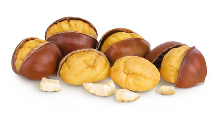 Wall Mural - roasted peeled chestnut isolated on white background wit full depth of field.