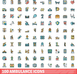 Wall Mural - 100 ambulance icons set. Color line set of ambulance vector icons thin line color flat on white