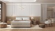 The bedroom interior is designed in a modern classic style with a large bed and ornaments on the walls. In the background you can see the bathroom separated by a glass wall and a curtain. 3D render.
