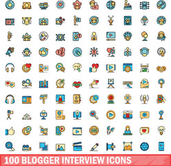 Poster - 100 blogger interview icons set. Color line set of blogger interview vector icons thin line color flat on white