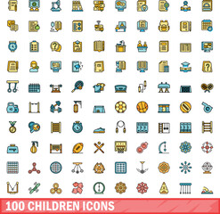Poster - 100 children icons set. Color line set of children vector icons thin line color flat on white
