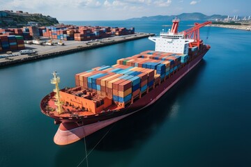 A large transport ship with cargo on board top view.